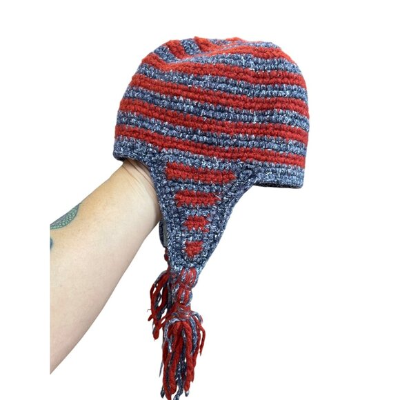 Native Creation Handmade gray red wool Earflap winter hat SKU 9173 - Picture 5 of 14